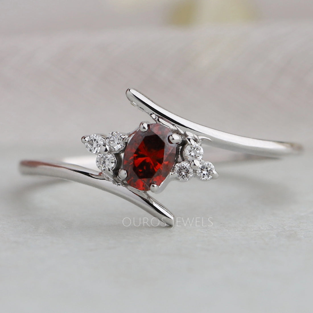 Red Oval Cut Lab Diamond Bypass Ring