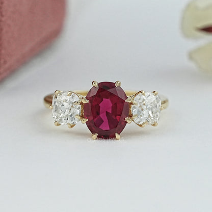 Three Stone Ruby Oval Gemstone Engagement Ring Ring