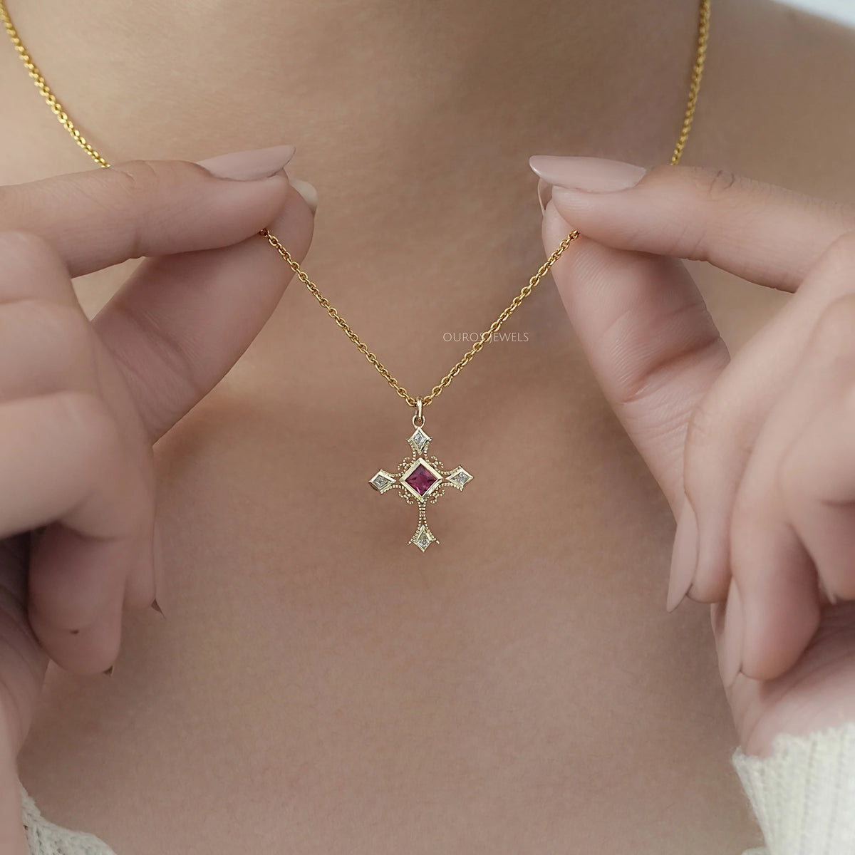 Ruby Princess Gemstone Criss Cross Pendant Necklaces