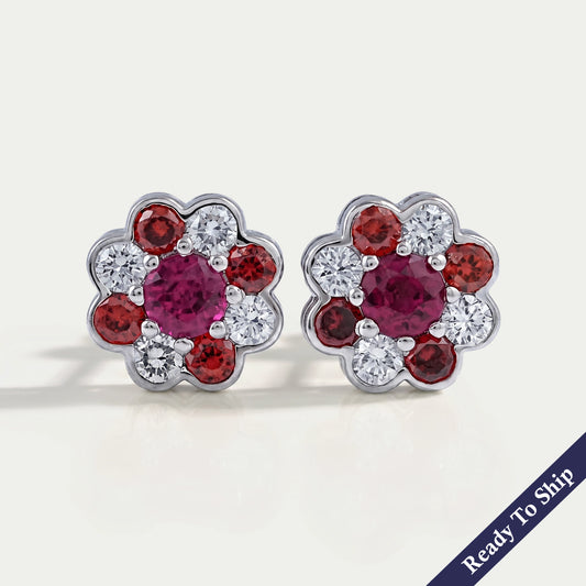 Ruby Round And Lab Diamond Bezel Set Floral Stud Earrings