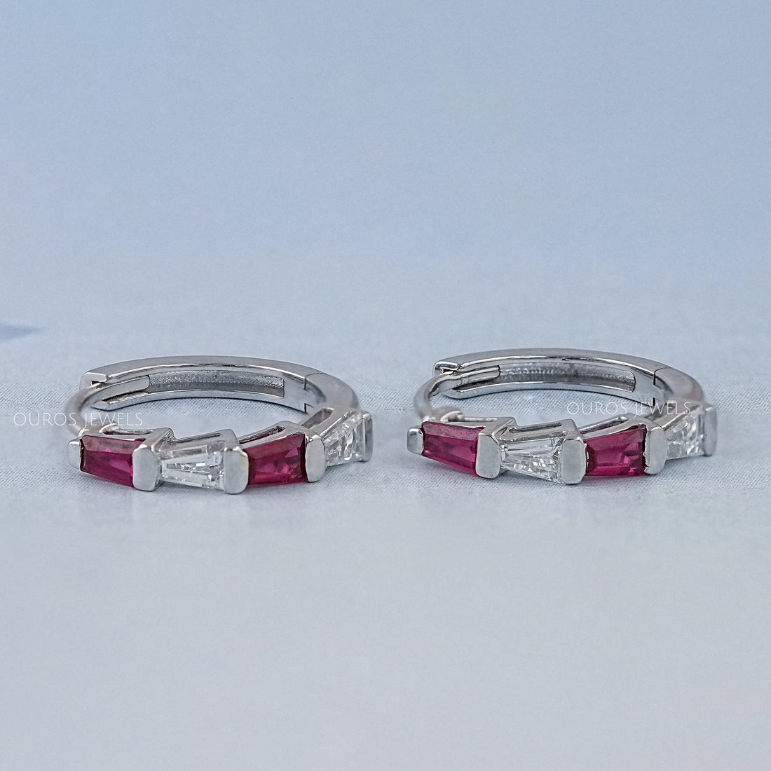 Ruby Tapered Baguette And Lab Diamond Hoop Earrings Earrings