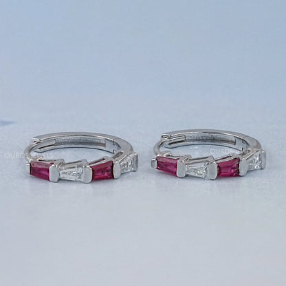 Ruby Tapered Baguette And Lab Diamond Hoop Earrings Earrings