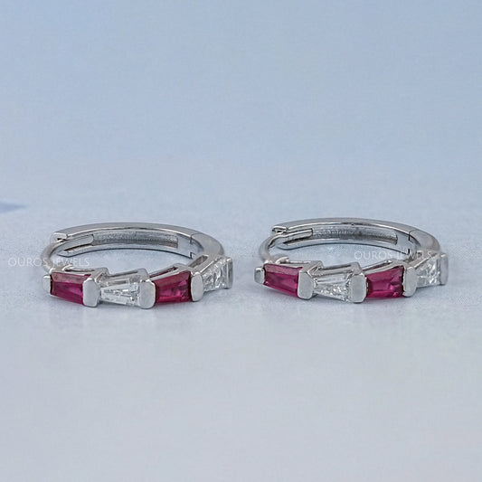 Ruby Tapered Baguette And Lab Diamond Hoop Earrings Earrings