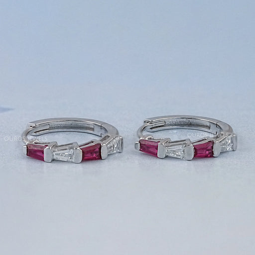 Ruby Tapered Baguette And Lab Diamond Hoop Earrings Earrings