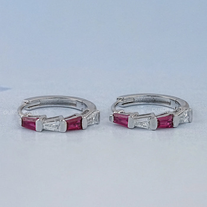 Ruby Tapered Baguette And Lab Diamond Hoop Earrings Earrings