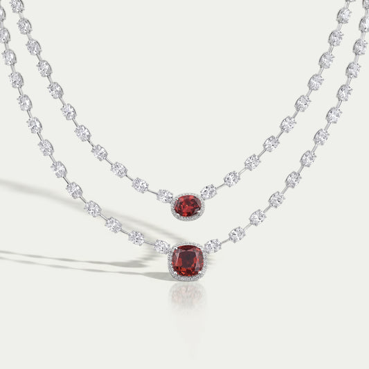 Double Layer Ruby Cushion And Oval Halo Tennis Necklace Necklaces