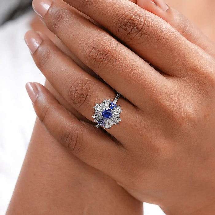 Sapphire Round And Tapered Baguette Diamond Cluster Ring