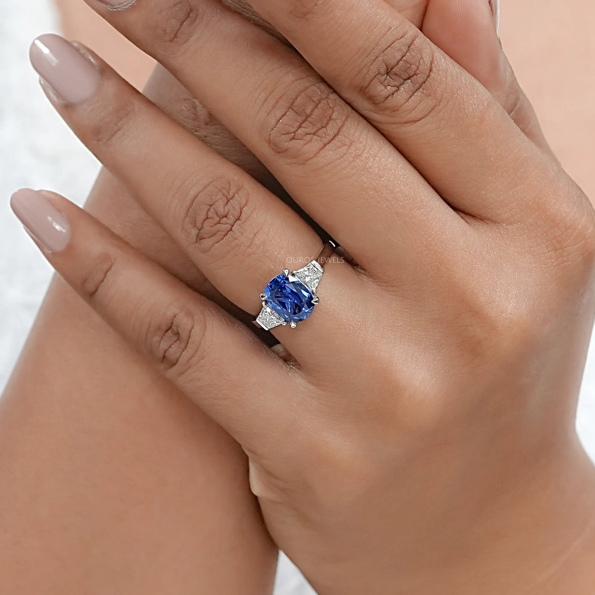 Sapphire Cushion Gemstone With Trapezoid Diamond Ring Rings