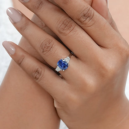 Sapphire Cushion Gemstone With Trapezoid Diamond Ring Rings