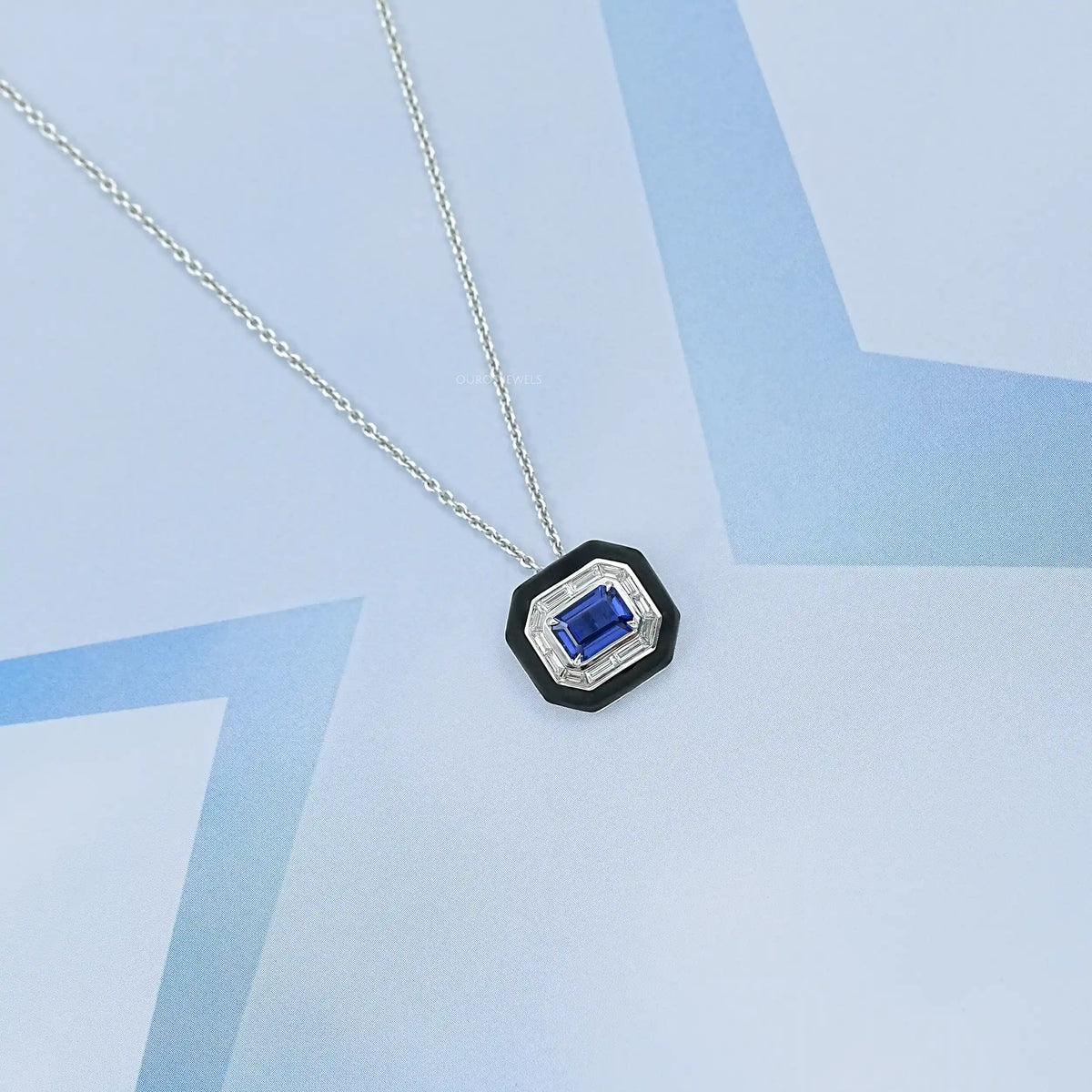 Enamel And Sapphire Gemstone Halo Pendant Necklaces