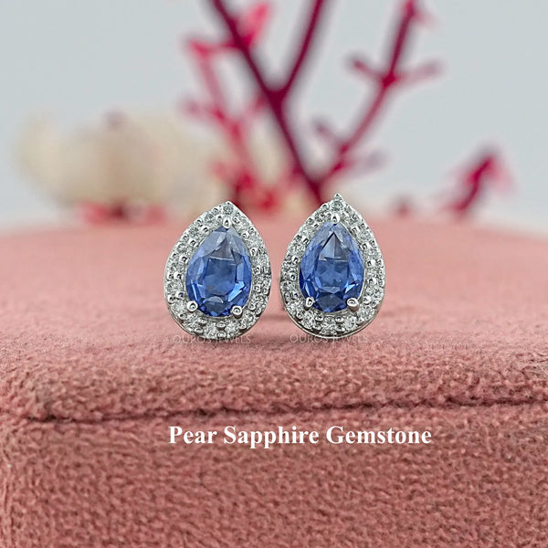 Pear Gemstone And Lab Diamond Halo Stud Earrings