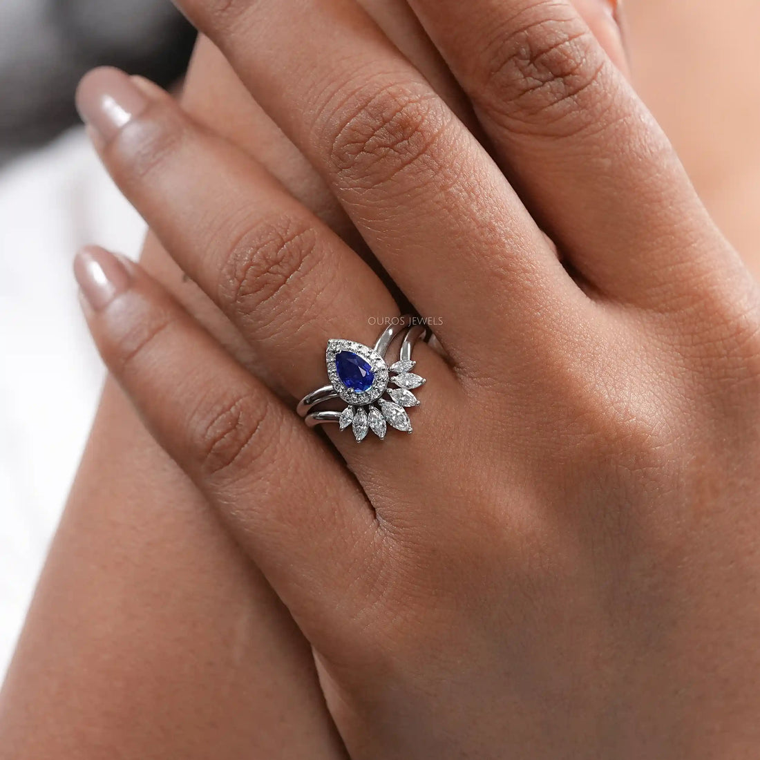 Sapphire Pear Gemstone Curved Wedding Ring