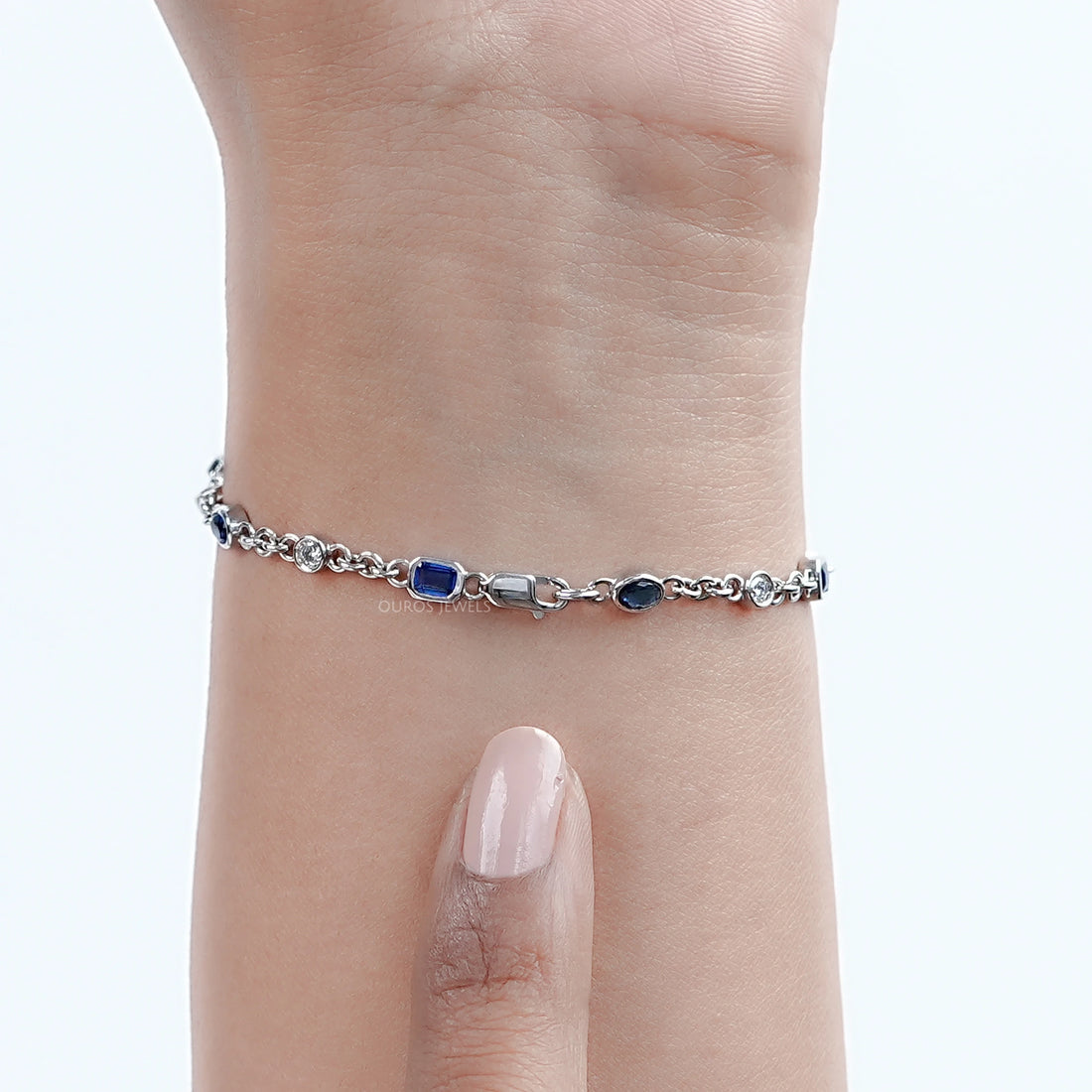Sapphire Emerald Cut Gemstone Chain Bracelet