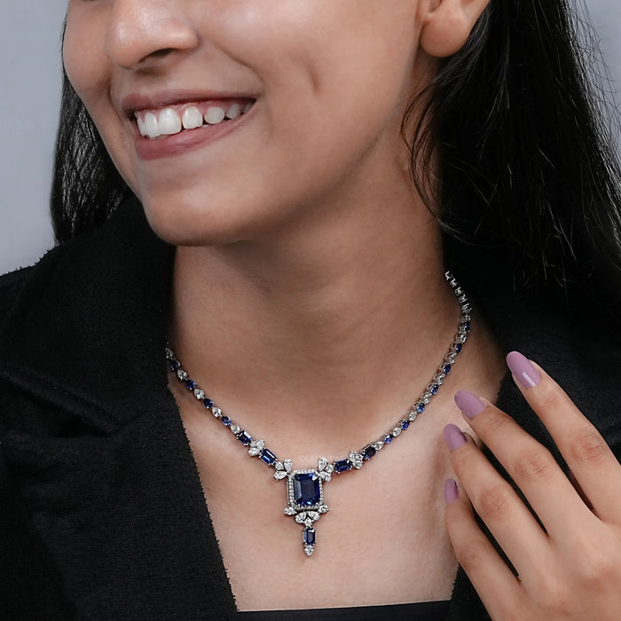 Sapphire Emerald Cut And Diamond Necklace Necklaces