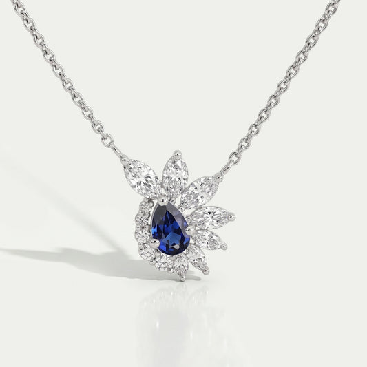 Blue Sapphire And Diamond Floral Cluster Pendant Necklace
