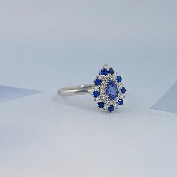 Sapphire Pear And Double Halo Engagement Ring