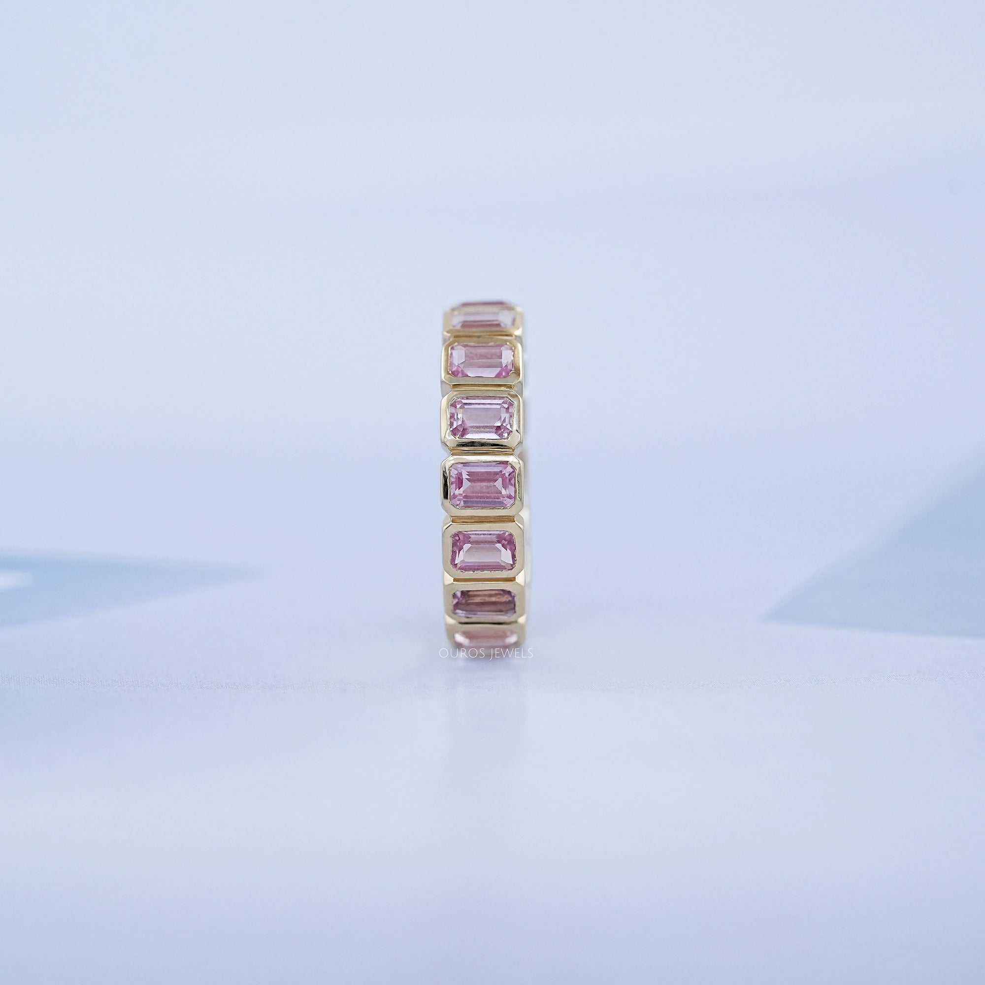 Sapphire Pink Emerald Cut Bezel Set Eternity Wedding Band Rings