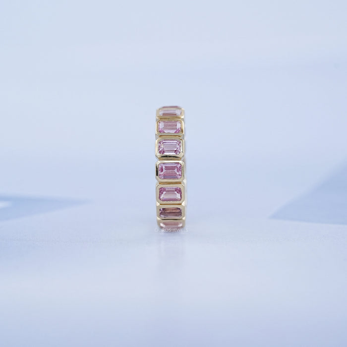 Sapphire Pink Emerald Cut Bezel Set Eternity Wedding Band Rings