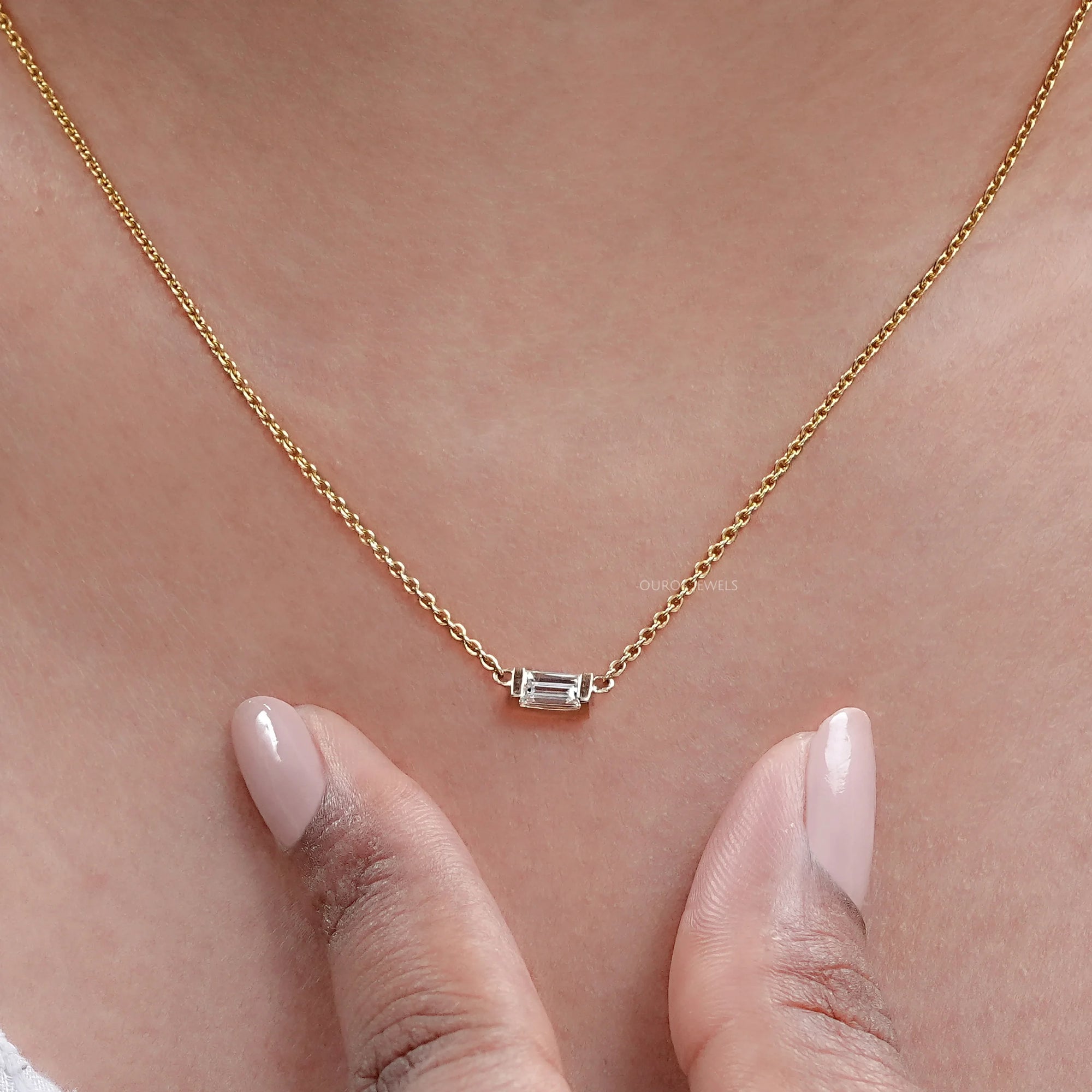 East West Baguette Cut Lab Diamond Pendant Necklaces