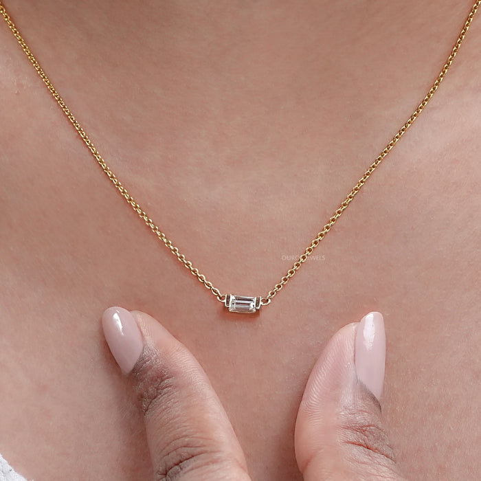 East West Baguette Cut Lab Diamond Pendant Necklaces