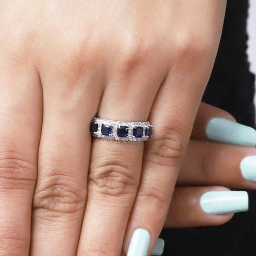 [A Wimen wearing Blue Asscher Cut Diamond Ring]-[Ouros Jewels]