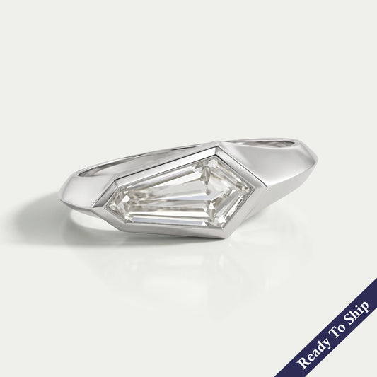 East West Step Cut Shield Bezel Set Solitaire Ring