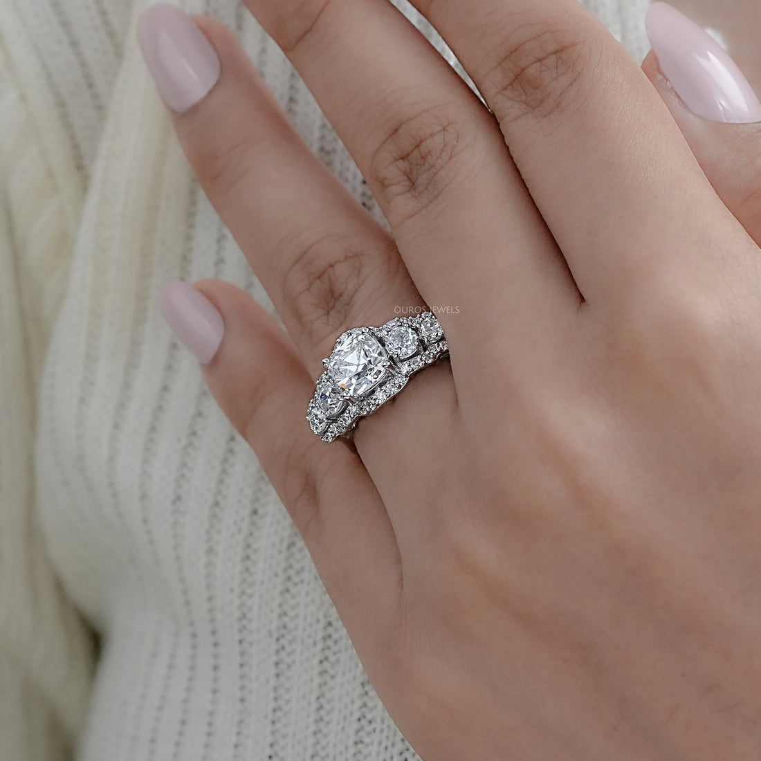 Square Old Mine Cushion Cut Five Stone Halo Engagement Ring Rings