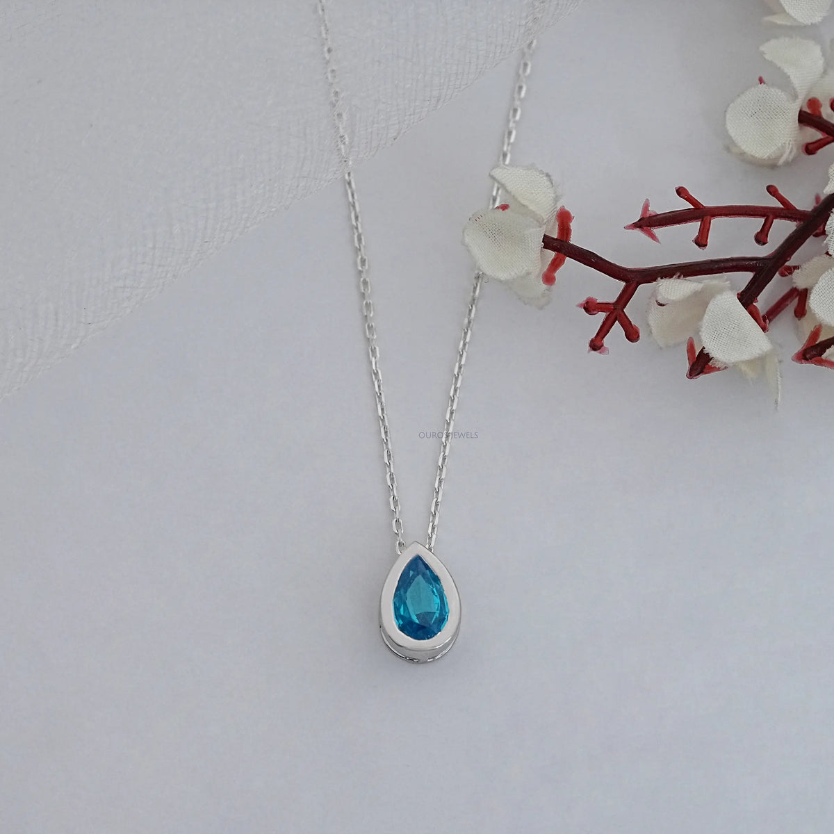 Aqua Blue Pear Gemstone Bezel Set Solitaire Pendant Necklaces