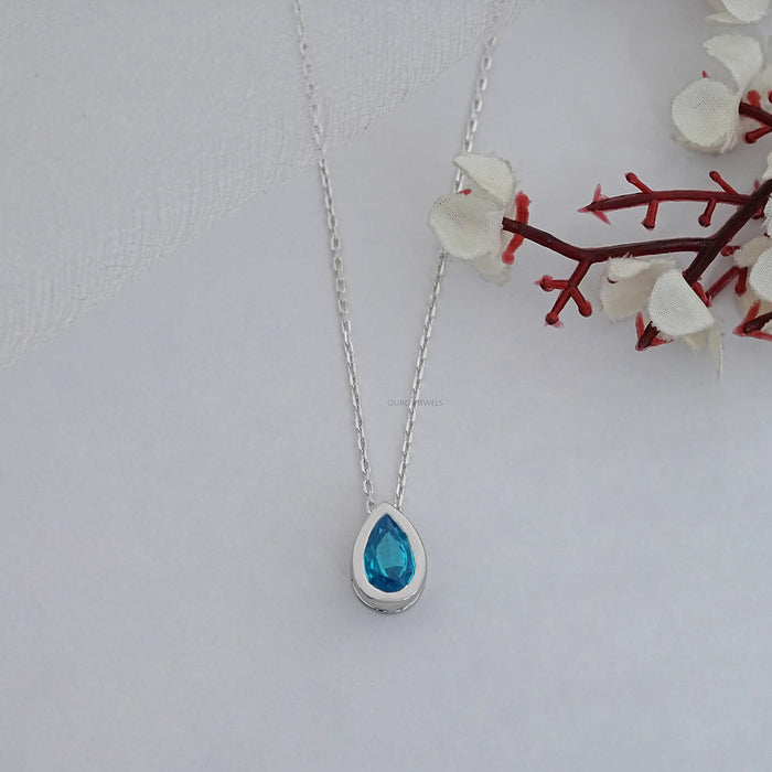 Aqua Blue Pear Gemstone Bezel Set Solitaire Pendant Necklaces