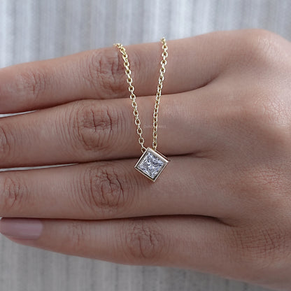 Princess Diamond Bezel Set Solitaire Pendant Necklaces