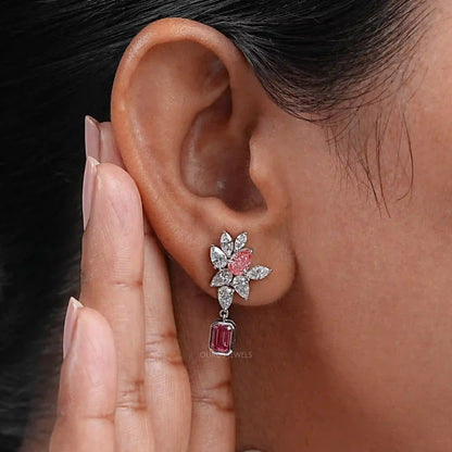 Cluster Drop Earrings With Pink & White Diamonds Earring