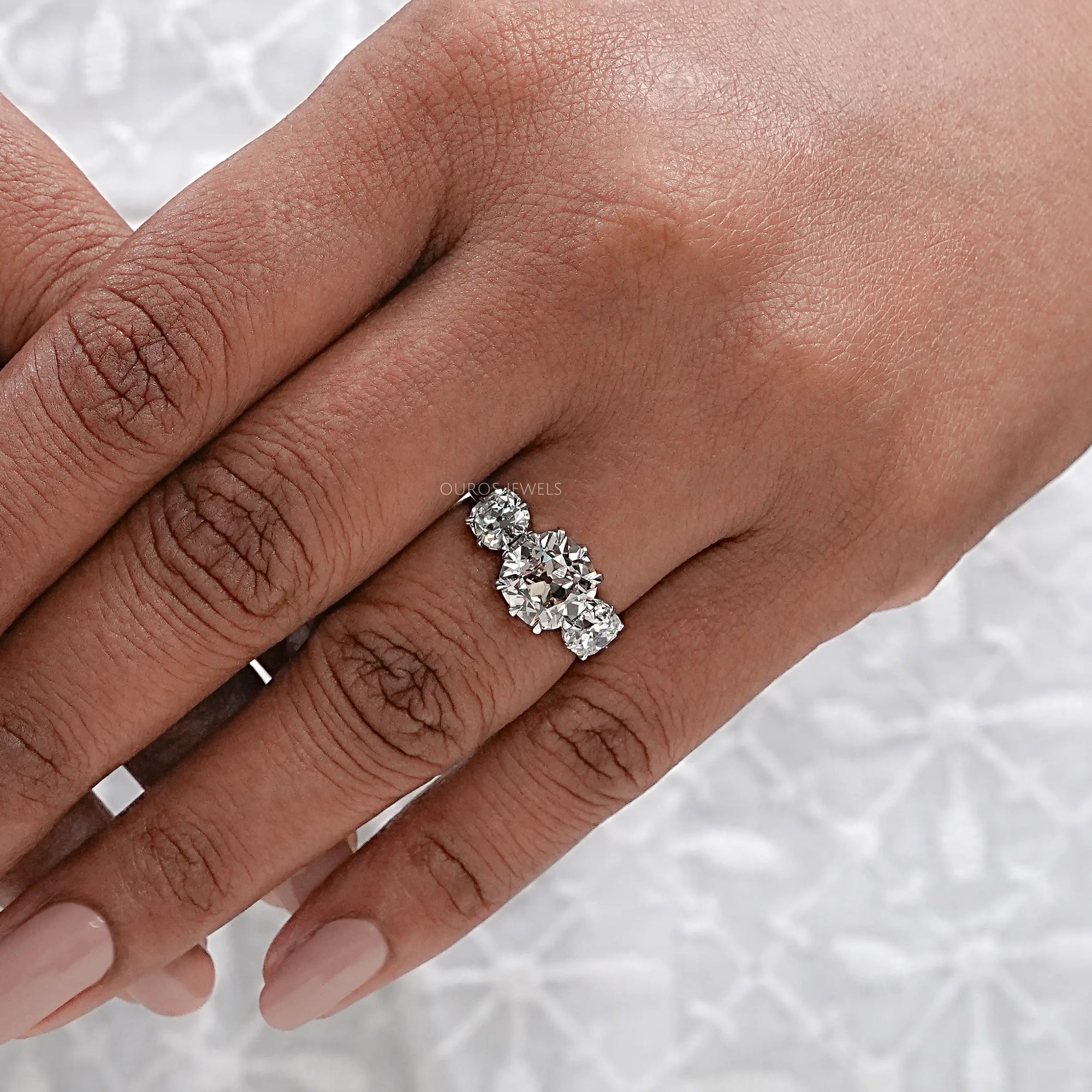 Tri Diamond Old Mine Cushion Cut Engagement Ring Rings