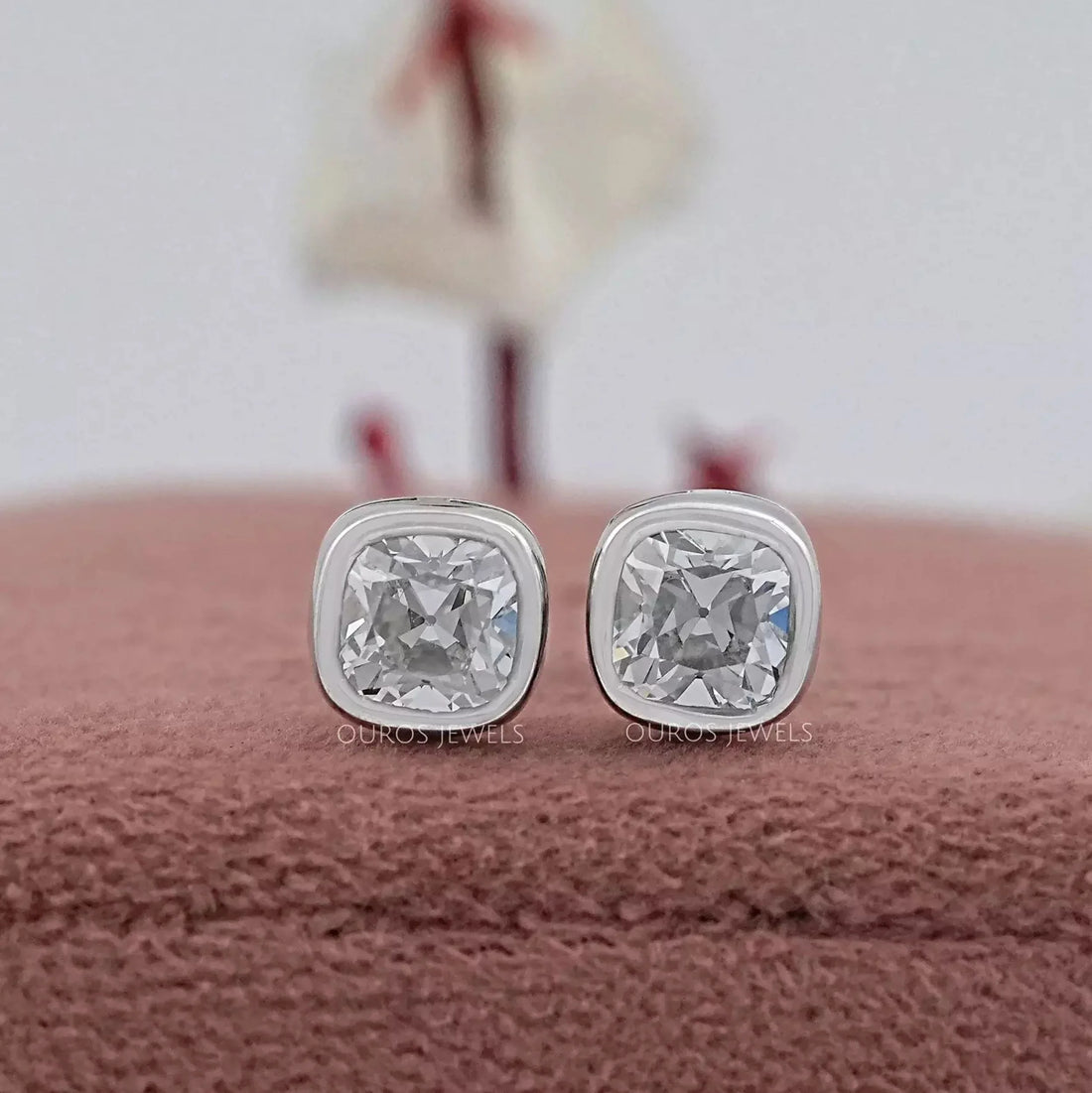 Square Old Mine Cushion Diamond Bezel Stud Earrings Earrings