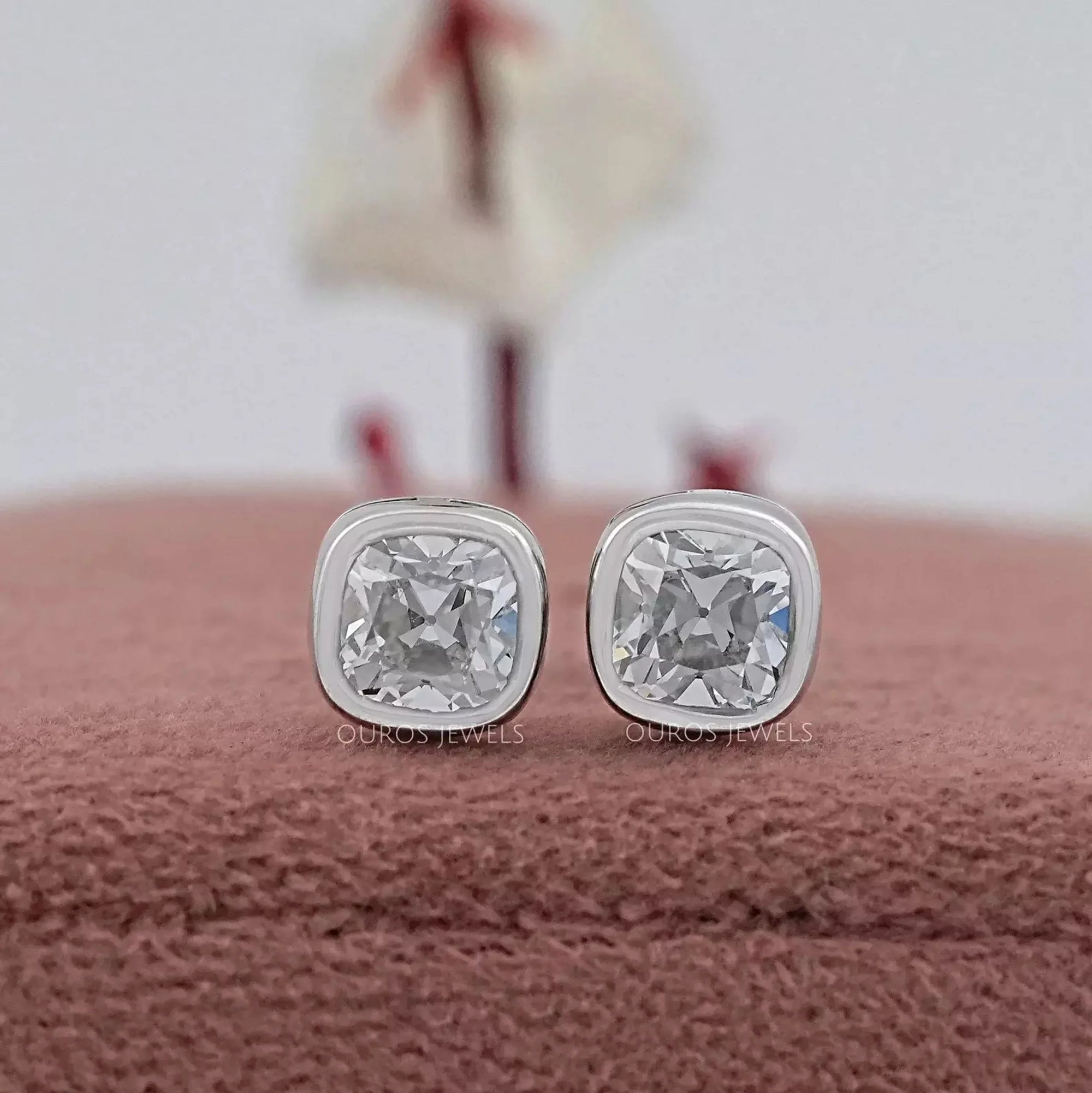 Square Old Mine Cushion Diamond Bezel Stud Earrings Earrings