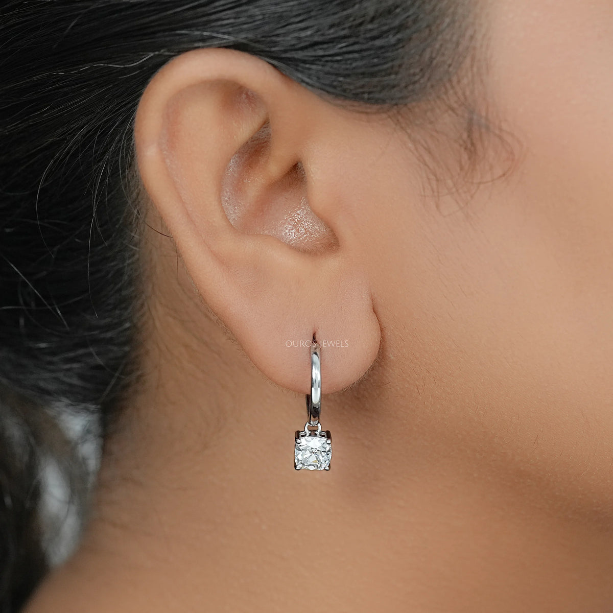 Square Old Mine Cushion Diamond Dangle Hoop Earrings