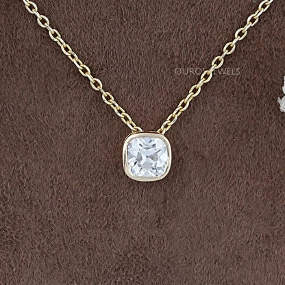 Square Old Mine Cushion Cut Bezel Solitaire Pendant Necklaces