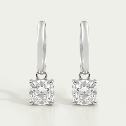 Square Old Mine Cushion Diamond Dangle Hoop Earrings