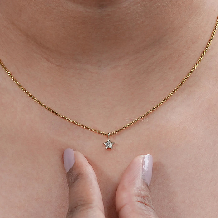 Lab Grown Round Diamond Star Shape Pendant Necklaces