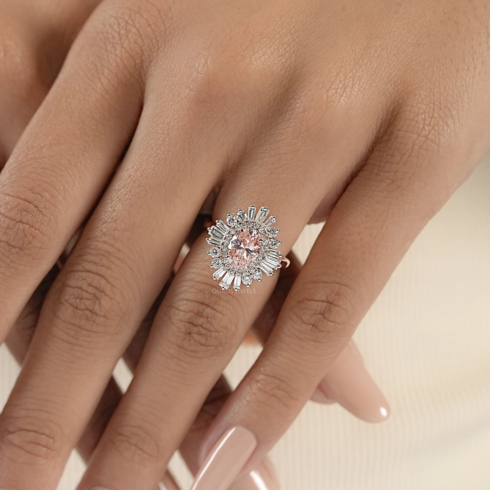 Fancy Vivid Pink Oval Cut Double Halo Sunbrust Ring