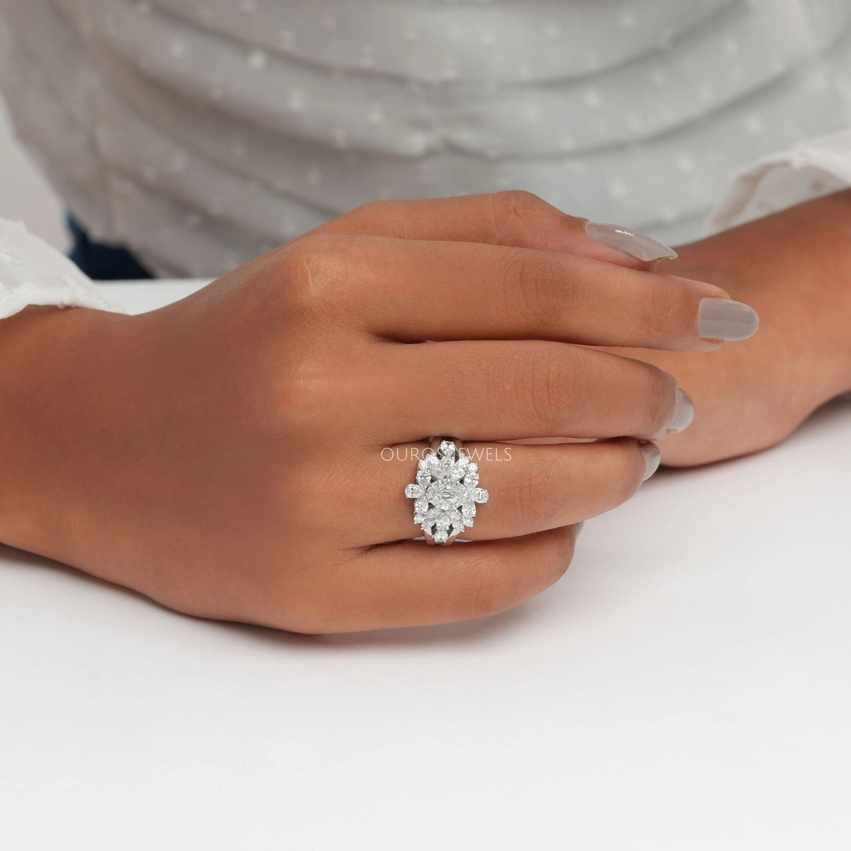 Step Cut Oval Diamond Cluster Engagement Ring