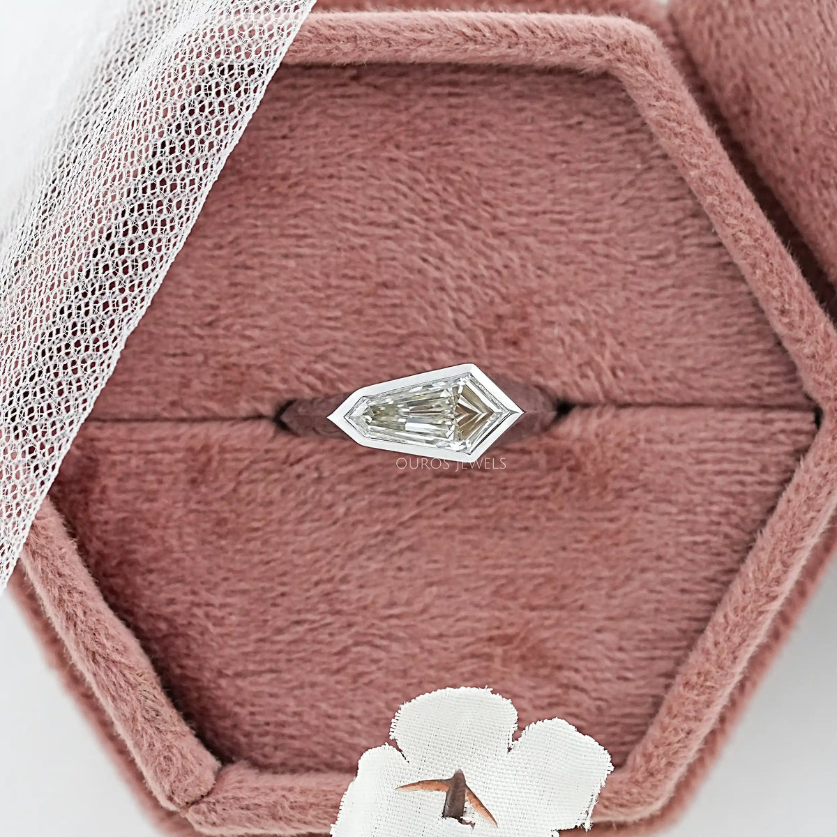 East West Step Cut Shield Bezel Set Solitaire Ring