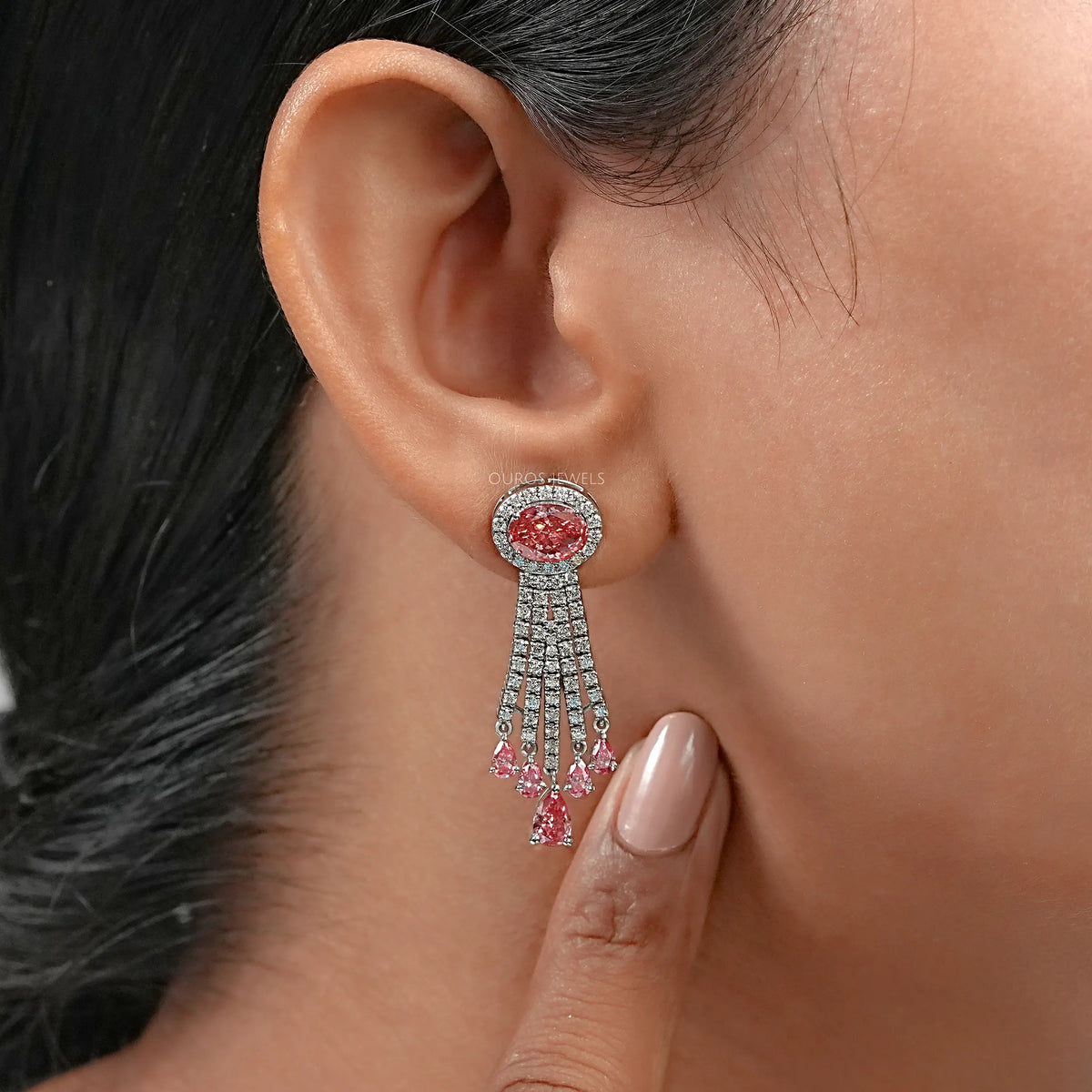 Pink Oval And Pear Cut Lab Diamond Chandelier Earrings Earring
