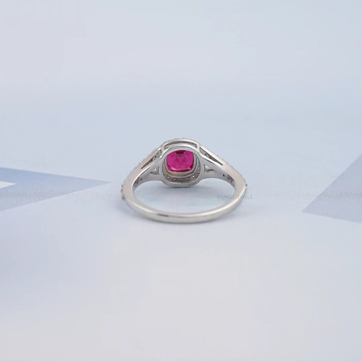 Cushion Cut Red Ruby Split Shank Halo Engagement Ring Ring