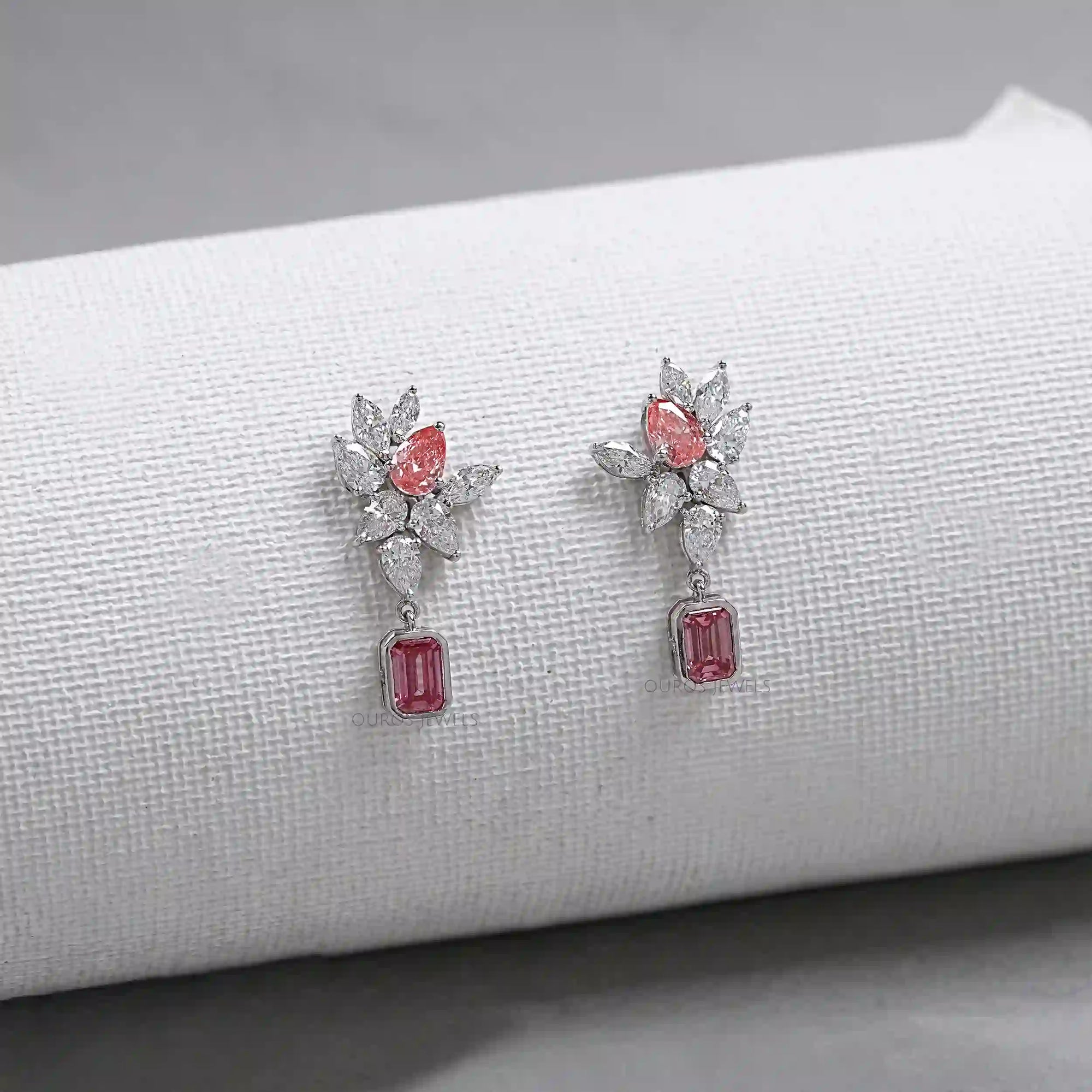 Cluster Drop Earrings With Pink & White Diamonds Earring