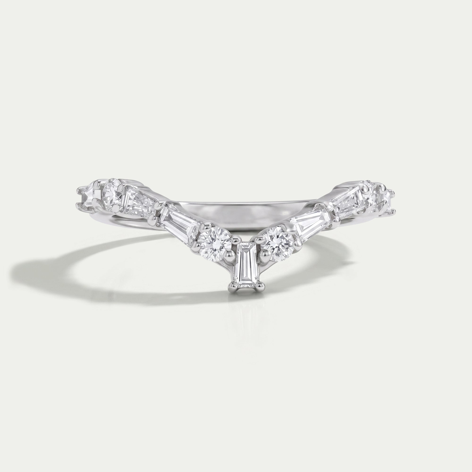 Tapered Baguette and Round Chevron Wedding Band Rings