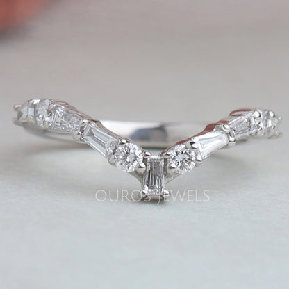 Tapered Baguette and Round Chevron Wedding Band Rings