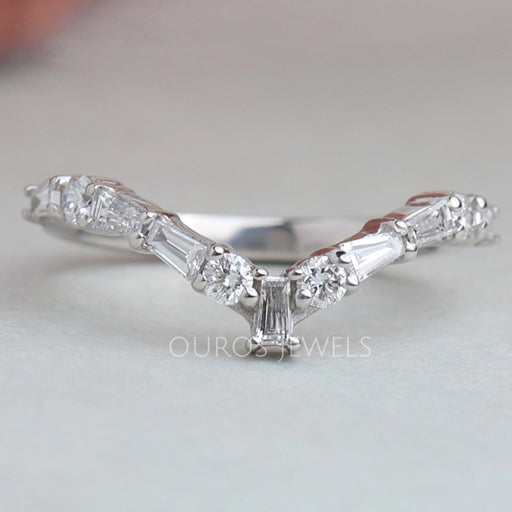 Tapered Baguette and Round Chevron Wedding Band Rings