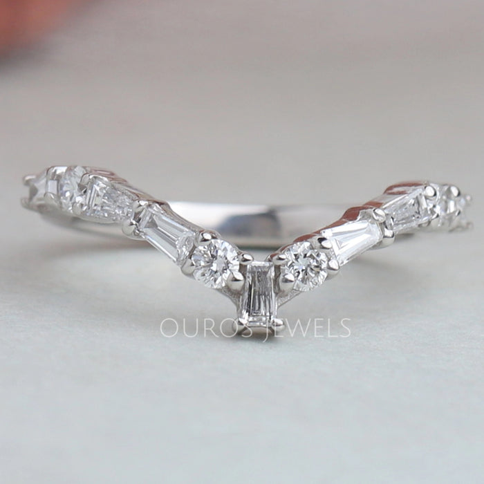 Tapered Baguette and Round Chevron Wedding Band Rings