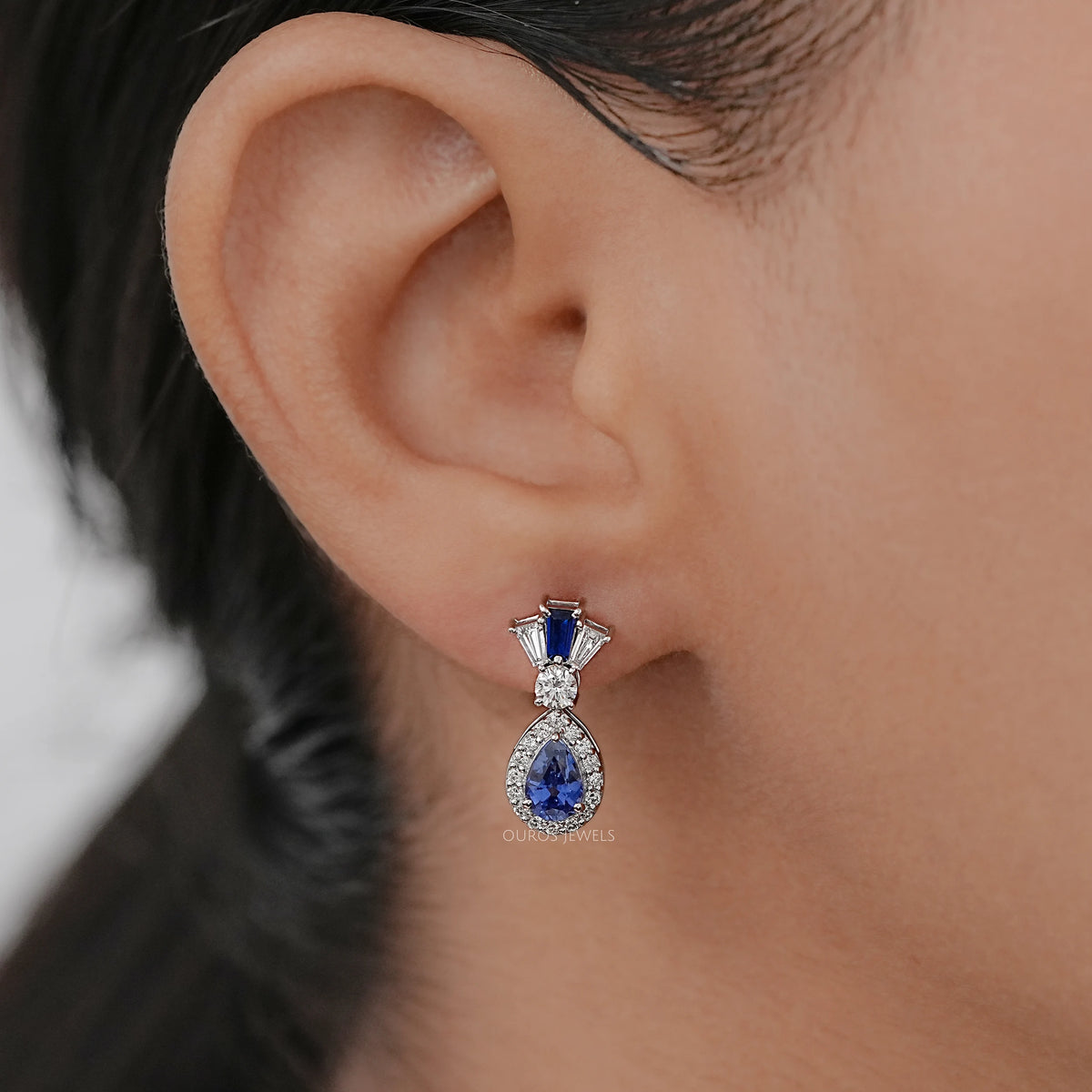 Pear Blue Gemstone And Tapered Baguette Halo Drop Earrings Earrings