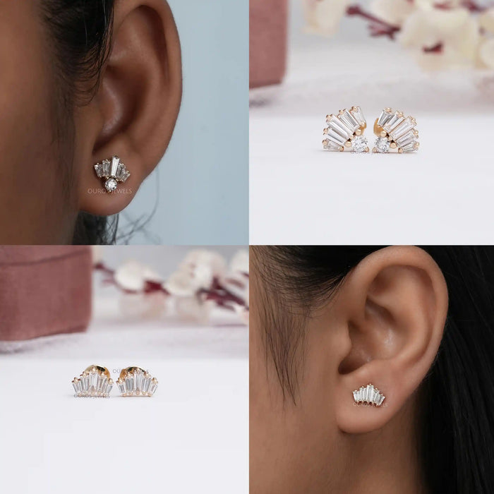 [Collage of Baguette Cut Diamond Stud Earrings for Women]-[Ouros Jewels]
